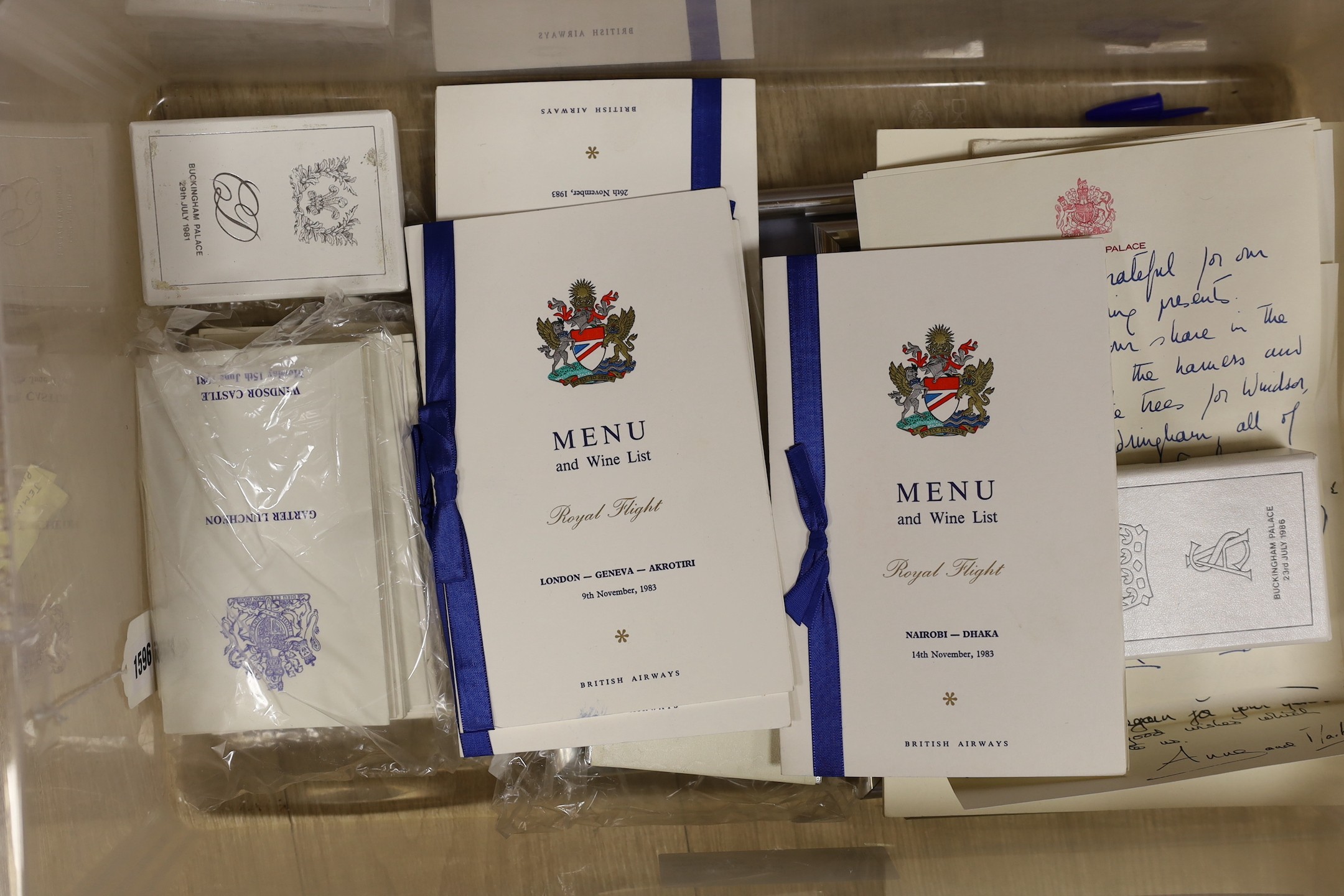A mixed collection of ephemera relating to The British Royal family to include facsimile letters written by Her Majesty Queen Elizabeth II Princess Anne, etc., also together with various banquet menus, also together with